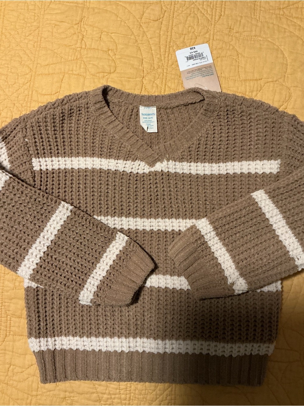 Boys V-Neck Striped Sweater in Taupe and White - Unbranded